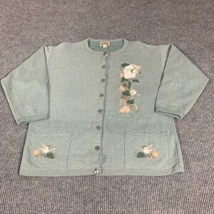 VTG The Woods Sweater Womens Large Green Cardigan Pockets Nature Birds Retro 90s